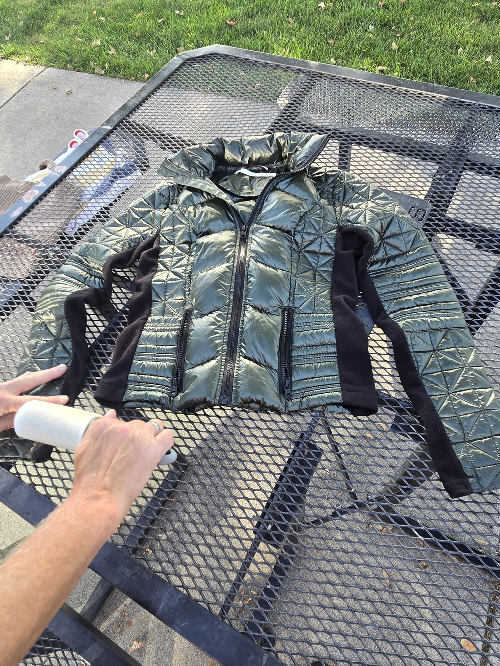 Women's Quilted Puffer Jacket in Olive Green with Black Panels
